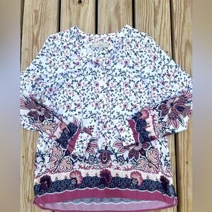 LOFT Top Blouse Womens Small Multicolor Floral Popover Rayon Long Sleeve Casual